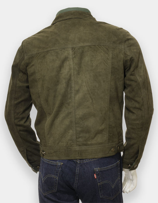 Men's Olive Green Suede Leather Shirt - Handmade Cowhide Jacket Shirt, Trucker Suede Jacket